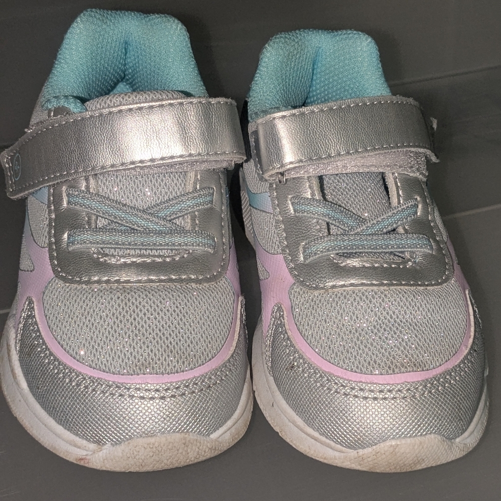 Toddler 8 Wide Silver and Light Blue Velcro Athletic Shoes - Picture 2 of 5